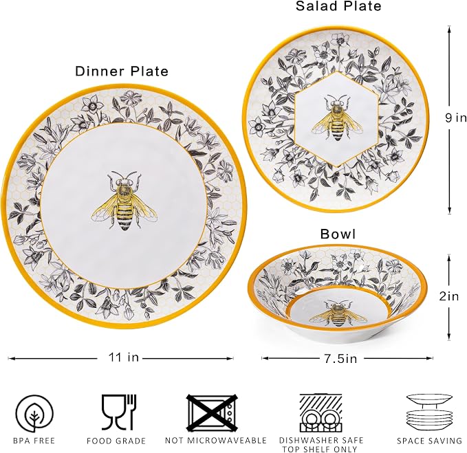 LEHAHA Honeycomb Bee Sweet 12-Piece Melamine Dinnerware Set,Melamine Dishes Set of 4, Lightweight and Unbreakable Garden Floral Dinner Plates and Side plates and All-purpose Bowls Set