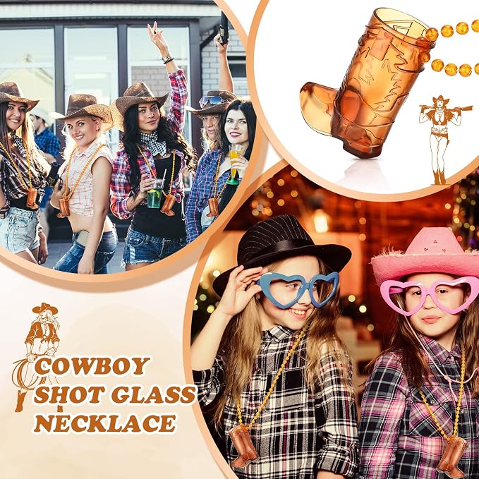 Sieral 48 Pcs Cowboy Boot Shot Glasses on Beaded Necklace Plastic Reusable Cowgirl Shot Boot Glasses Necklace Party Cups for Cowboy Cowgirl Bachelorette Carnival Western Birthday (Transparent Brown)