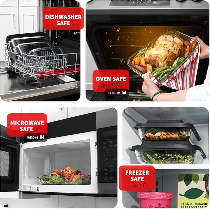 EATEX 7-Pack Glass Food Storage Containers with Lids Baking Pans Set, Glass Baking Dishes for Oven | 4 Casserole Dishes for Oven and 3 Glass Bread Pans for Bread Baking, Oven Microwave Freezer Safe