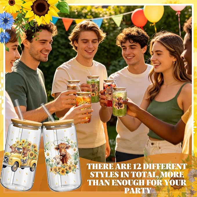 Teenyyou 12 Set of Highland Cow Glasses with Bamboo Lid and Glass Straw 16 oz Summer Drinking Cup Beer Iced Coffee Cup Tumbler Mugs for Teacher's Day Gift Holiday Party Office