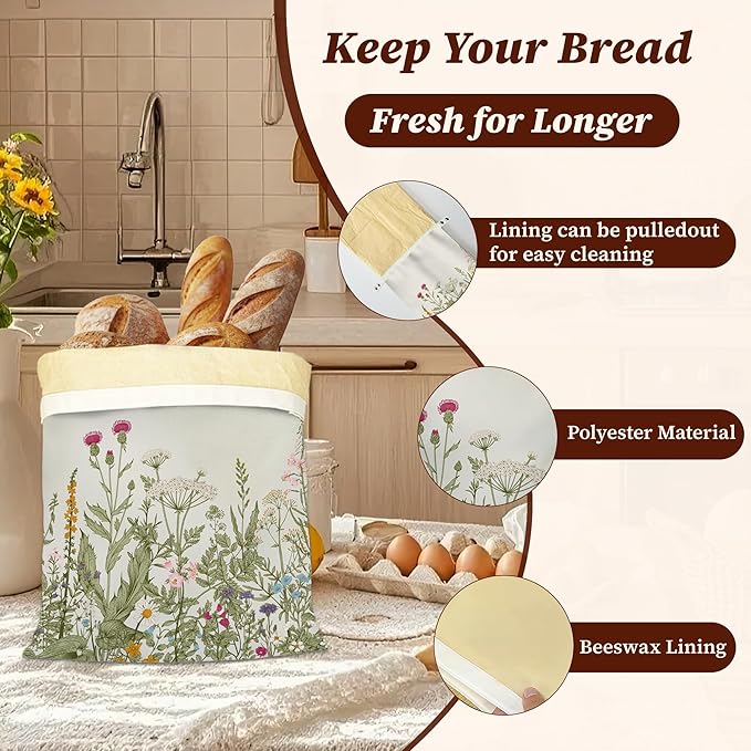Bread Bags for Homemade Bread- Herbs Wild Flowers 2 Pack Linen and Beeswax Sourdough Storage Bags, Reusable Keeper, Keeps Breads Fresh Longer, Gifts for Bakers