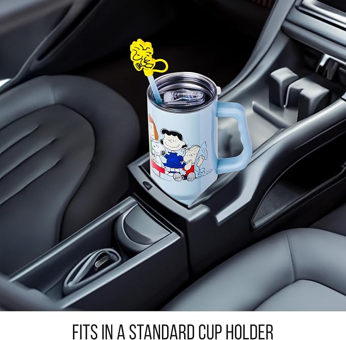 Silver Buffalo Peanuts Gang Charlie Brown, Snoopy, Woodstock, Lucy, Sally, Linus, Double Walled Stainless Steel Tumbler with Handle, Straw, and Straw Cap, Fits in Standard Cup Holder, 40 Ounces