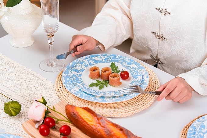 FHGNYSM Light Blue Porcelain Dinnerware Set,12-Piece Plates and Bowels set | Vitage Floral Scroll Pattern, Service for 4, Elegant Classic Kitchen Dish Set for Wedding, Party & Everyday Use