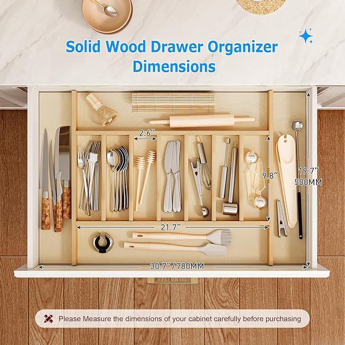WelFurGeer Premium Wooden Silverware Organizer for Kitchen Drawers, Utensil Tray for Kitchen Drawer, Cutlery Drawer Organizer for Forks, Spoons, Knives - Sturdy Birchwood, Natural Finish