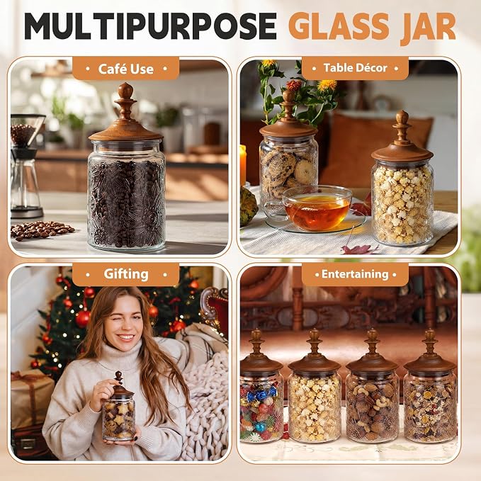 Suclain 6 Pack 24 Oz Vintage Glass Jars with Wooden Crown Lids, Decorative Jars with Graden Pattern, Airtight Glass Food Storage Containers for Tea Coffee Spice Pantry Organization