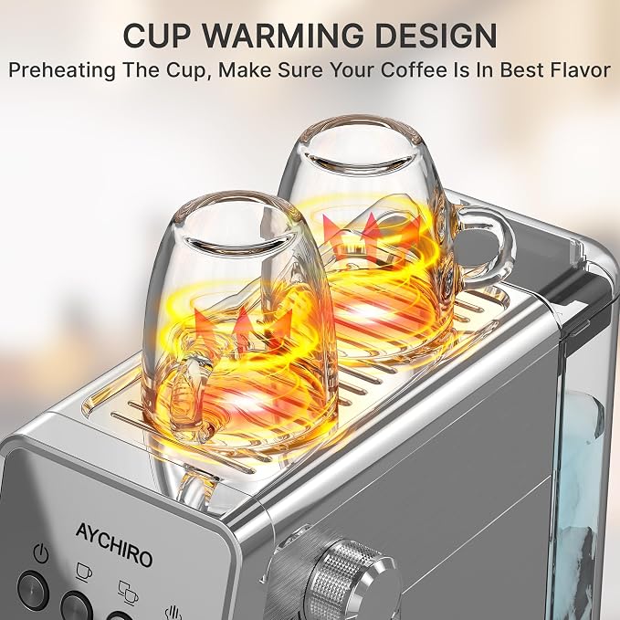 AYCHIRO 20-Bar Espresso Machine with Milk Frother, Professional Espresso Coffee Machine for Home, Stainless Steel Cappuccino Maker, Removable Water Tank & Drip Tray, Silver