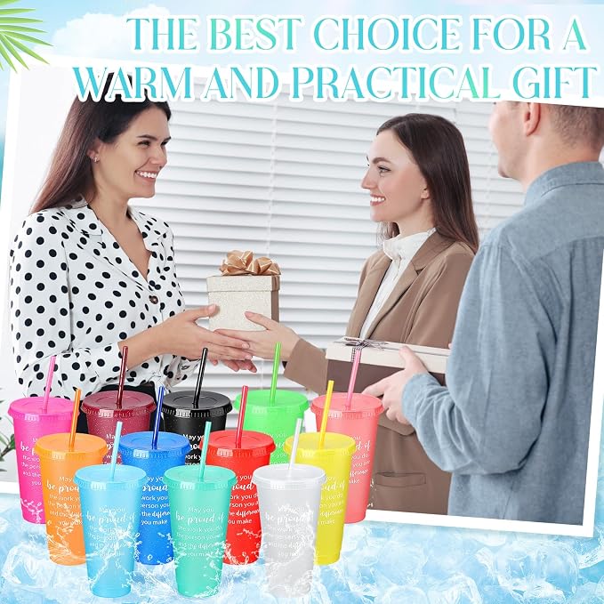 Dandat 48 Pcs Employee Appreciation Gifts Bulk 24 oz Thank You Cups Gift for Nurse Coworker Team Staff Teacher Inspirational Plastic Tumblers with Lids Straws (Neon Color)