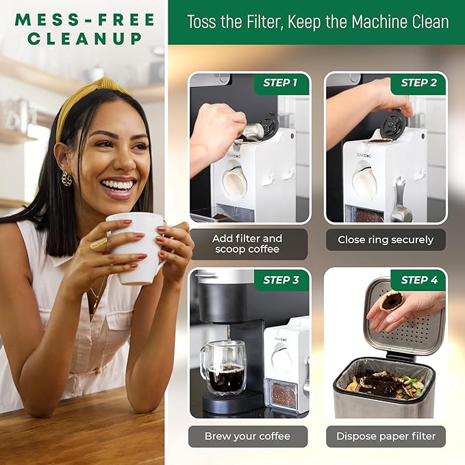 Savepod Coffee Pod Maker Bundle – Reusable Pod Maker Kit Includes Universal Ring, Stainless Steel Scoop, 50 Compostable Filters & Manual PodMaker for Keurig Coffee Maker, Daily Coffee Refill, White