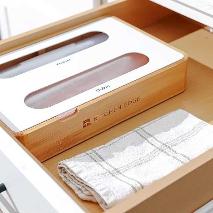 Premium Ziplock Bag Organizer – Kitchen Edge 2-Slot Bamboo Organizer with White Metal, Fits Gallon & Freezer Bags, Magnetic Top for Easy Reload, Non-Slip Base, Wall Mountable, 8.7in x 13in x 2.5in
