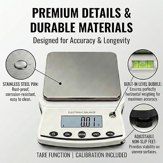 RESHY Lab Scale 5000g x 0.01g, High Precision Digital Analytical Balance with Calibration Weights, 0.01g Accuracy Scientific Gram Scale for Jewelry, Kitchen, Food, Powder, Chemical Use