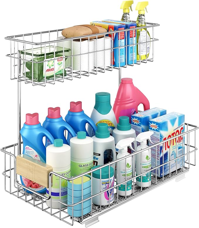 RITSU Pull Out Cabinet Organizer, Under Sink Slide Out Storage Shelf with 2 Tier Sliding Wire Drawer, Sliding Storage for Inside Kitchen Cabinet- 11.5 in. W x 21.5 in. D (Left)