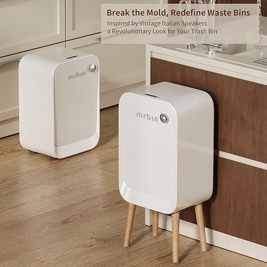 MRBIN Motion Sensor Bathroom Trash Can with Leg, Odor Control 5.5 Gal Tall Automatic Waste Basket for Bedroom, Ozone Purification Neutralizing, Touchless Butterfly Lid, Cream White