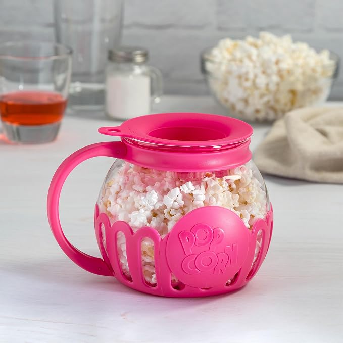 Ecolution Patented Micro-Pop Microwave Popcorn Popper with Temperature Safe Glass, 3-in-1 Lid Measures Kernels and Melts Butter, Made Without BPA, Dishwasher Safe, 1.5-Quart, Pink
