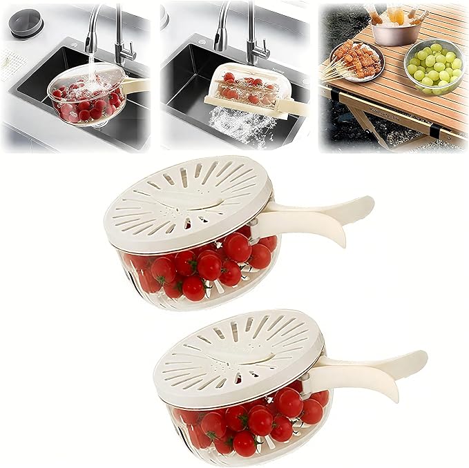 2Pcs Multifunctional Fruit Washing Bowl with Strainer, 2 in 1 Drain Basket and Fruit Strainer Container with Lid, Fruit Washer Bowl for Kitchen, Fridge, Picnic & Camping (1QT+1QT)