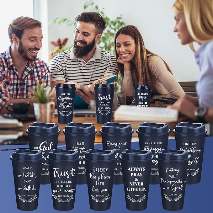 Skylety 40 Pack Bulk Christian Gifts for Men Women 16oz Reusable Bible Verse Tumbler Plastic Coffee Cup with Lid Inspirational Religious Church Gift for Teacher Graduation Party Favor (Blue)