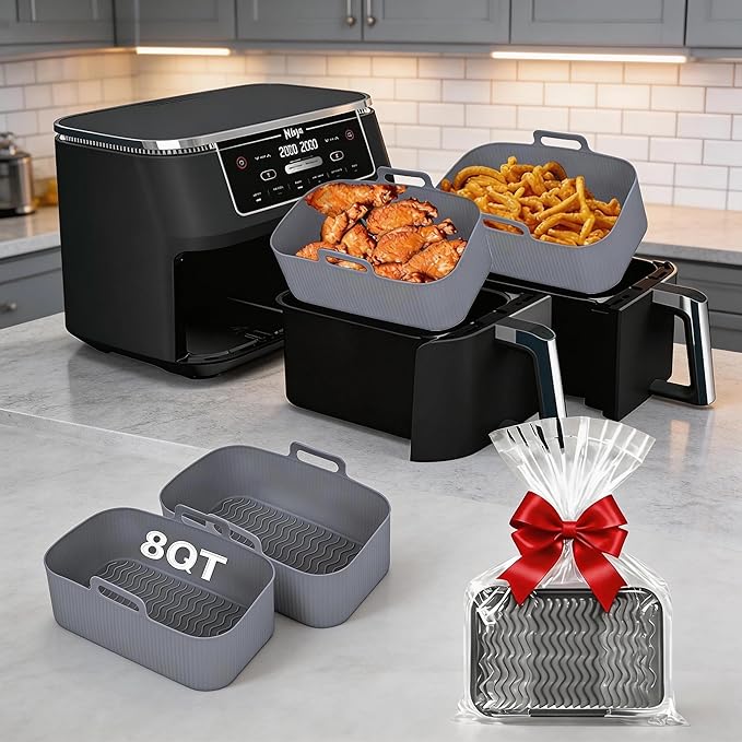 Silicone Air Fryer Liners for Ninja - Reusable DZ201 8QT Dual Basket - Rectangular 2-Pack Vacuum-Packed Easy-Clean Dishwasher-Safe Food-Safe for Home Chefs - Housewarming Gifts