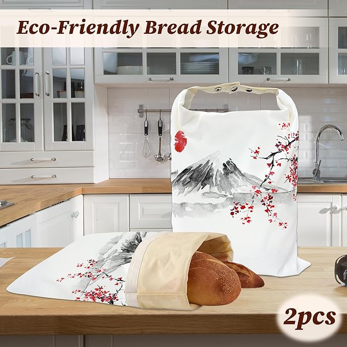 Bread Bags for Homemade Bread, Japanese Cherry Blossom Sun Fuji Mount-2 Pack Linen and Beeswax Sourdough Storage Bags, Reusable Keeper, Keeps Breads Fresh Longer, Gifts for Bakers