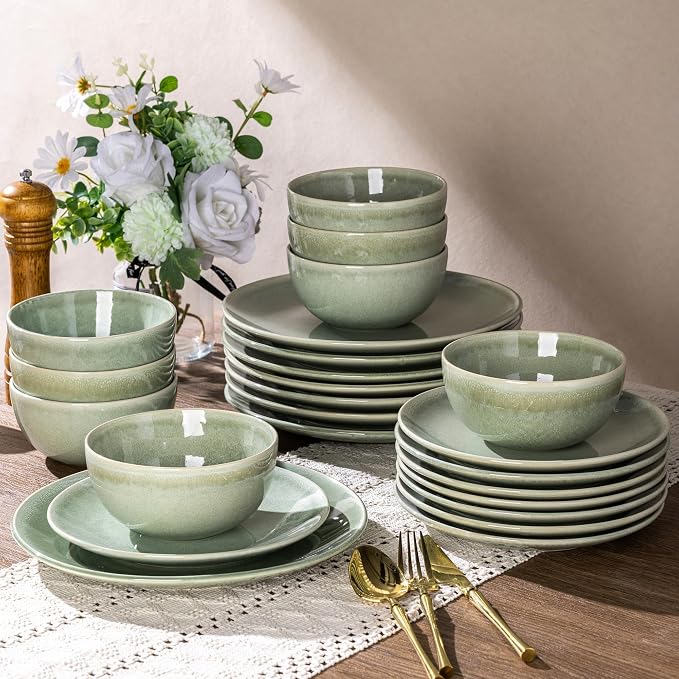 GBHOME 24 Pieces Double Bowls Dinnerware Sets for 6, Stoneware Plates and Bowls Set with Reactive Glaze, Scratch Resistant Stoneware Dishes Set, Dishwasher & Microwave Safe-Light Green