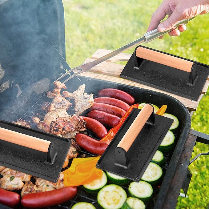Leonyo 3Pcs Cast Iron Grill Press, Heavy Duty Bacon Press with Wood Handle, Pre-Seasoned Burger Smasher for Griddle Cooking, Meat, Burger, Bacon, Steak, Panini, Sandwich, Rectangle (8.2"X4.3")