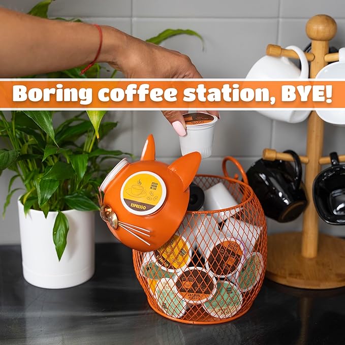 Made Easy Kit Cat Coffee Pod Holder Basket – Metal K-Cup Organizer for Countertop Coffee Bar – Cute Kitchen Décor Storage for Keurig Pods, Creamers & Capsules (Cat, Orange)