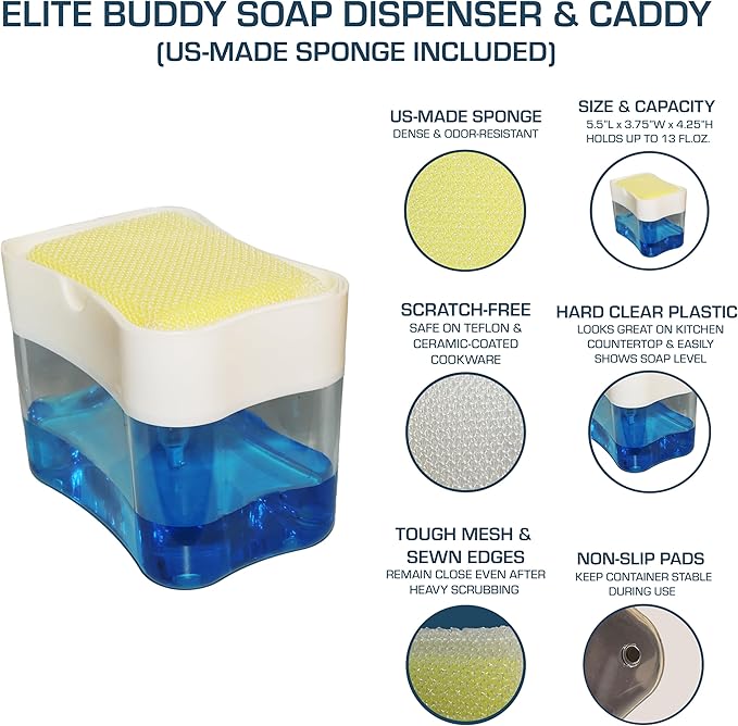 Elite All Purpose Cleaning Pad, 24 Pads (Individually Boxed) and Elite Buddy Dish Soap Dispenser and Sponge Caddy (White)