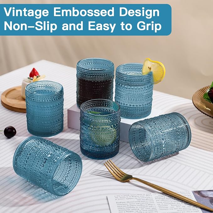 JOVGANK Blue Vintage Hobnail Drinking Glasses Set of 6, Embossed Water Tumbler 12oz, Kitchen & Bar Beaded Glass Cups, Beverage Glass Cups for Water, Beer, Juice, Housewarming Gifts for Party