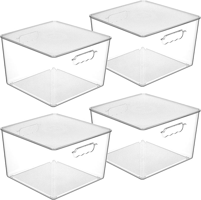 Vtopmart 4 Pack Extra Large Clear Stackable Storage Bins with Lids, 11x11 Cube Organizer with Handle, Plastic Containers for Pantry, Closet, LaundryRoom, Kitchen, Bathroom, UnderSink Organization