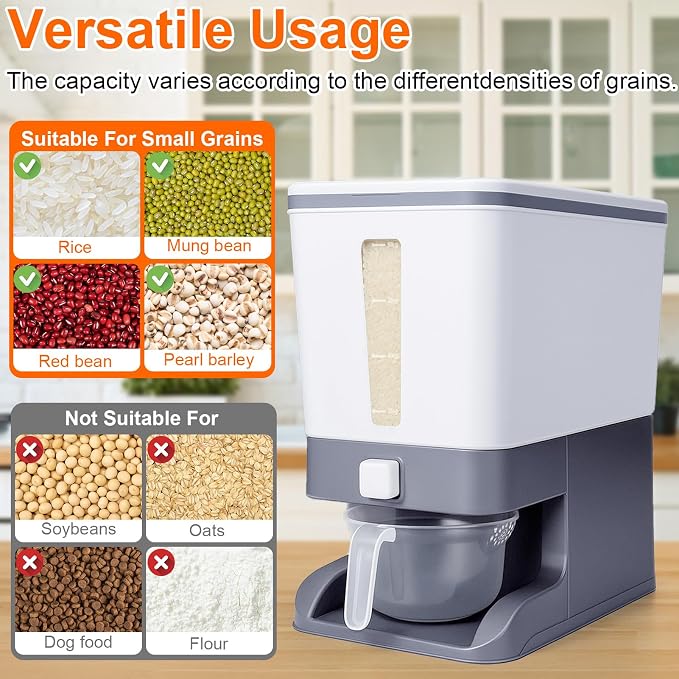 Mity rain Rice Dispenser 20 Lbs with Moisture Absorbing Clay, Rice Storage Container with Measuring Cup, 12 L Cereal Containers Storage Airtight for Kitchen Pantry Organization