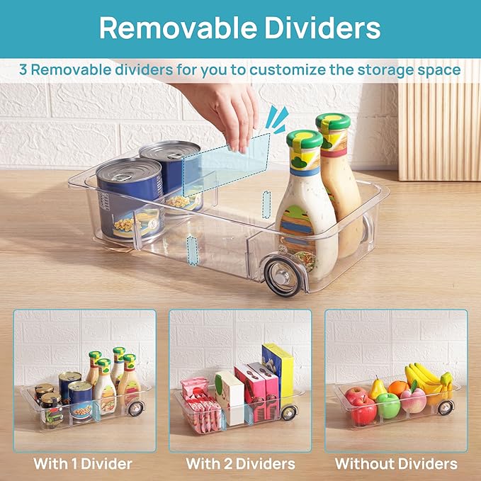 Vtopmart Fridge Organizer Bins on Wheels, Clear Roll Out Drawer Refrigerator Organizing Caddy with Dividers, Thick Plastic Storage Bins for Pantry, Kitchen, Cabinet etc