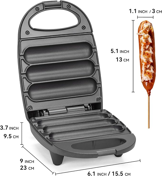 SugarWhisk Electric Corn Dog Maker, Fryer for 3 Mini Corn Dogs on Stick, Cheese Mozzarella Sticks & Treats, Corndog Maker Machine, Hot Dog Machine, Brush Included, Graphite