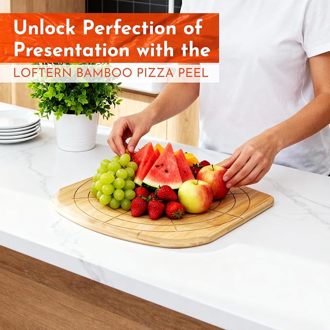 Wooden Pizza Peel 12 Inch Board with Engraved Sizes - Multi-Purpose Bamboo Pizza Cutting Board, Wood Pizza Peel, Pizza Spatula Paddle, and Serving Board with Size and Cutting Guide