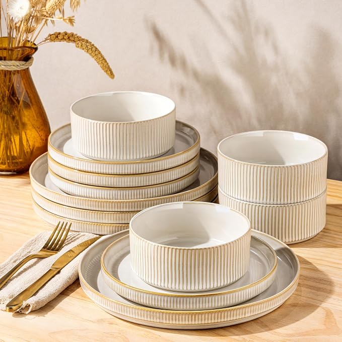 GBHOME Stoneware Dinnerware Sets for 4, 12 Pieces Lightweight Ceramic Ribbed Plates and Bowls Set,Reactive Glaze Stackable Plate Sets,Scratch Resistant Dishes,Microwave & Dishwasher Safe,Vanilla Latte