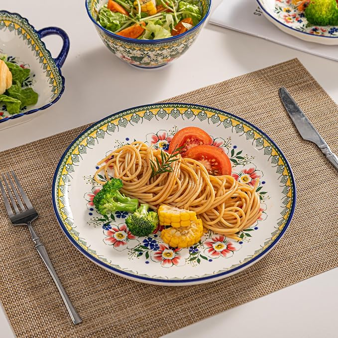 18-Piece Ceramic Dinnerware Set, Service for 6, Bohemian Floral Dish Set, Includes Plates and Bowls Sets, Microwave & Oven & Dishwasher Safe, Vintage Dish Set