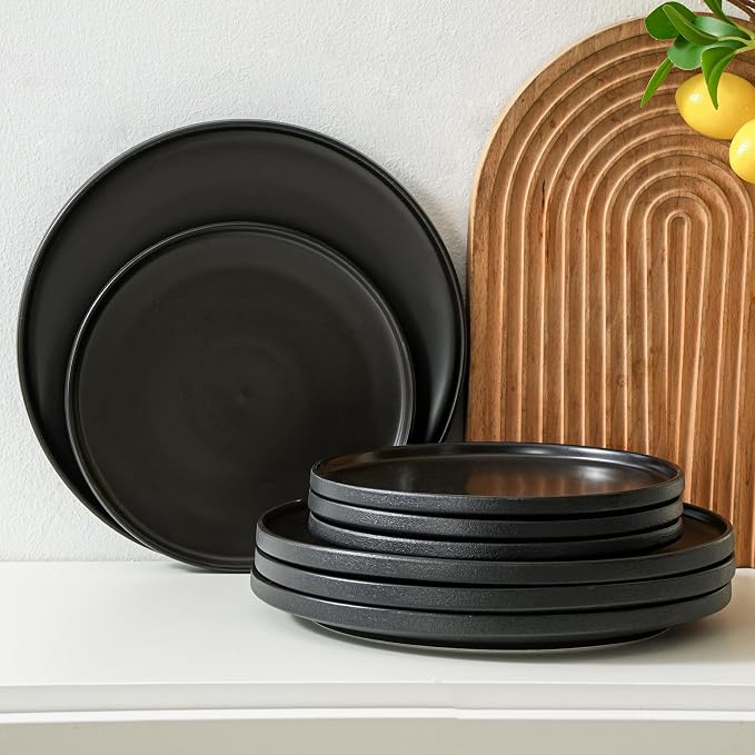 Ceramic Salad & Dessert Plates Set, 8 Inch, Set of 4, Modern Black | Stoneware, Dishwasher & Microwave Safe, Small Dinner Plates, For Cake, Fruits, Waffle, Pasta, Salad