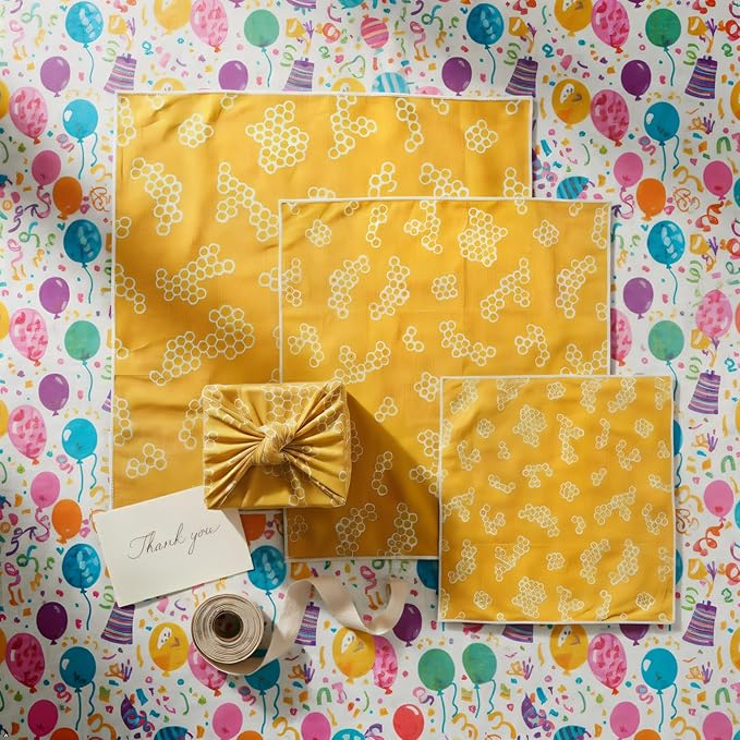 Bee's Wrap Furoshiki Reusable Cotton Fabric Wrapping Paper - Mustard Honeycomb Pack of 4 Gift Wraps - Reusable Wrapping Paper & Gift Wrap