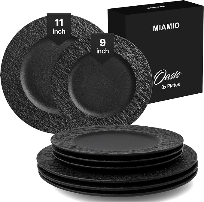 MIAMIO - Set of 8 Dinner Plates, 4x Small Plates (9 inch), 4x Big Plates (11 inch), / 8-piece Ceramic Plate Set, Stoneware Crockery Set - Microwave & Dishwasher Safe - Oasis Collection (Black)