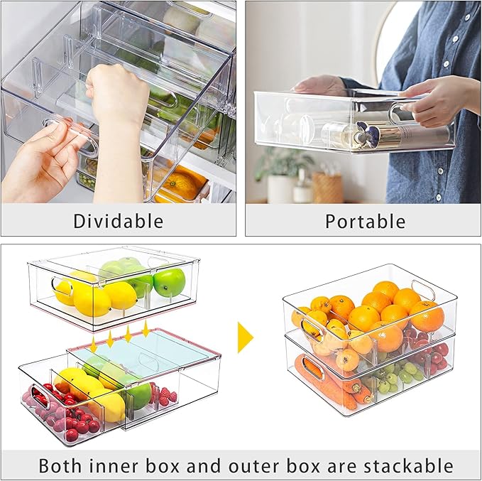 Mano 3PackFridge Drawer Pull Out Stackable Bins with Handle Clear Refrigerator Drawers Organizer Food Storage Container Box with Dividers Plastic Produce Saver for Pantry, Cabinet, Kitchen（2L+1XL）