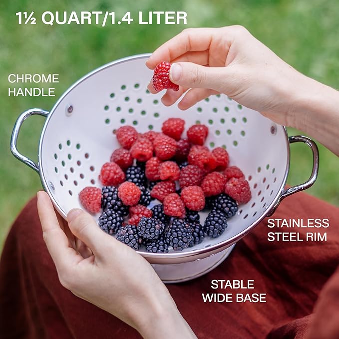 Reston Lloyd, 1.5 Quart Powder Coated Steel Kitchen Strainer Basket for draining Pasta, Vegetable and Fruit, Chrome Handles and Wide Stable Base, Azure