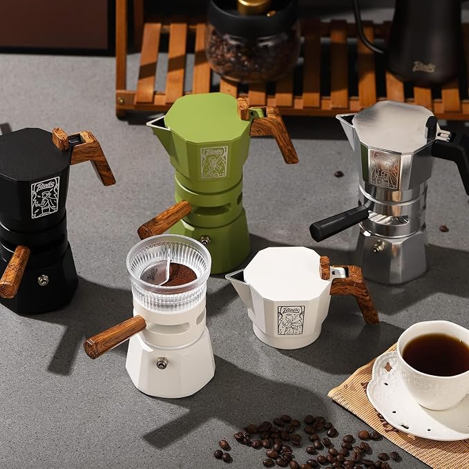Bincoo 120ML/2 Cups Stovetop Espresso Maker Double Valve Moka Pot with Thermostat Extractor,Italian Espresso Moka Pot with Powder Dispenser and Filter Paper for Home(White)