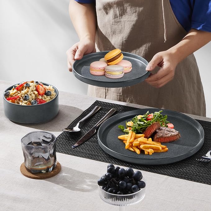 E-far Dinnerware Sets with Pasta Bowls, 24-Piece Stoneware Plates and Bowls Sets for 6 | Microwave & Dishwasher Safe Kitchen Modern Dish Set, Deep Gray