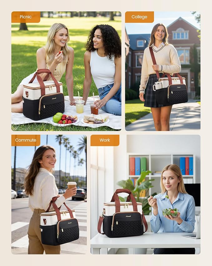 LOVEVOOK Lunch Bag Women, Insulated Wide Opening Adult Lunch Box for Women Work with Cup Holder, Large Lunch Cooler Tote Bag with Utensils Pocket for Office Campus Picnic Beach Mom Nurse Family