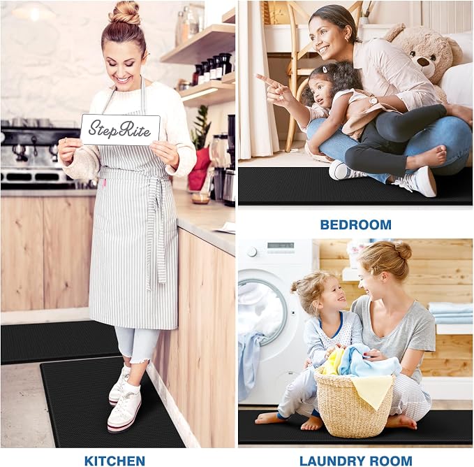 StepRite Kitchen Mats, 2PCS Kitchen Rugs, Cushioned Anti Fatigue Kitchen Mats for Floor, Non-Slip Standing Desk Mat, Waterproof Kitchen Rug Set for Kitchen, Floor, Office, 17.3"x30"+17.3"x70", Black