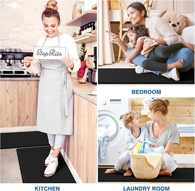 StepRite Kitchen Mats, 2PCS Kitchen Rugs, Cushioned Anti Fatigue Kitchen Mats for Floor, Non-Slip Standing Desk Mat, Waterproof Kitchen Rug Set for Kitchen, Floor, Office, 17.3"x30"+17.3"x59", Black
