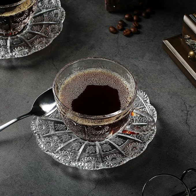 Glass Teacups and Saucers Set of 6, Vintage Coffee Mugs with Stainless Steel Spoon, Dishwasher & Microwave Safe Teacups for Espresso Cappuccino Latte Tea Juice, 7OZ/210ML, Clear