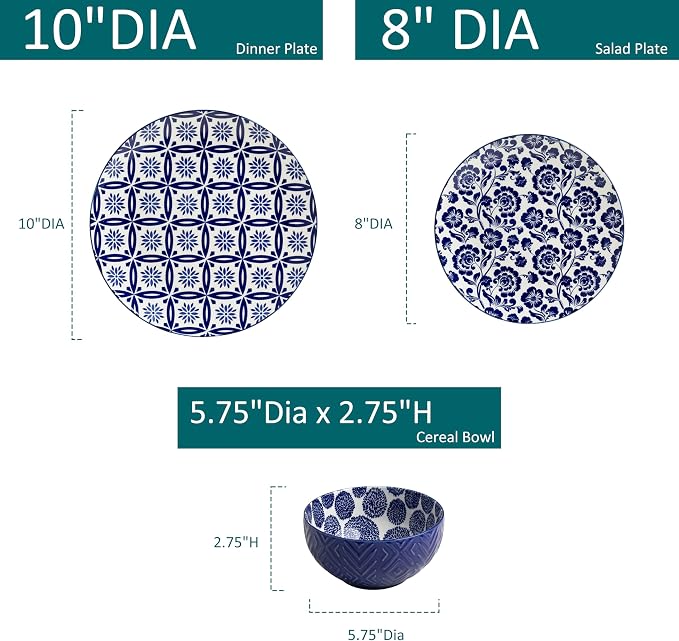 LEHAHA 12 Pieces Modern Porcelain Dinnerware Set，Service for 4, Ceramic Plates and Bowls Sets, Kitchen Dinner, Salad, Dessert Plate and Cereal Bowl Set, Ceramics Dishes Set, Blue and White