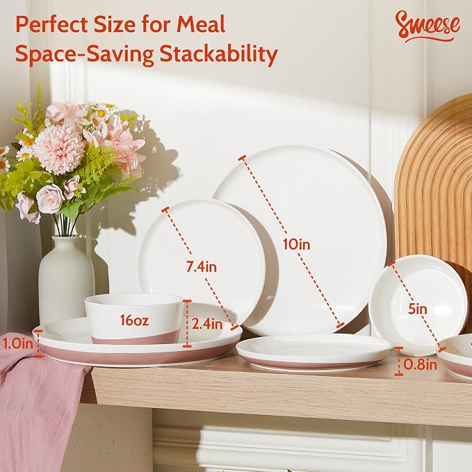 Sweese Plates and Bowls Set, Porcelain Dinnerware Sets for 6, 18 Pieces Handcrafted Glaze Dishes, Chip and Scratch Resistant, Microwave Oven & Dishwasher Safe Dishwasher Safe, White & Pink ﻿