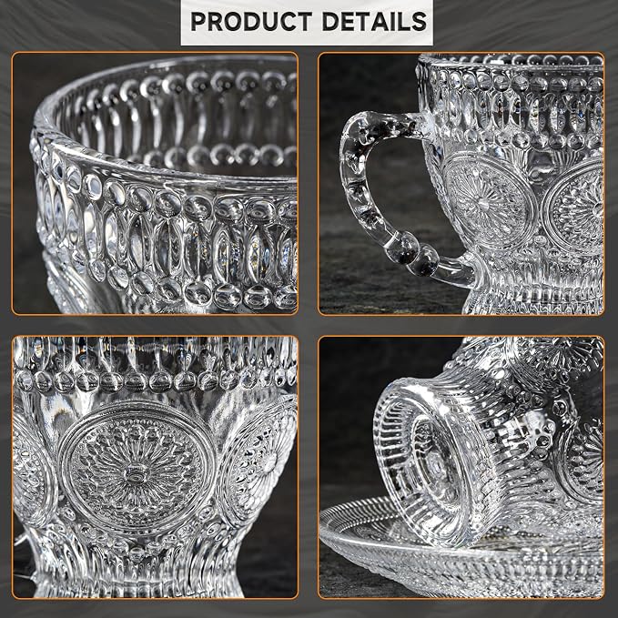 Glass Teacups and Saucers Set of 6, Vintage Coffee Mugs with Stainless Steel Spoon, Dishwasher & Microwave Safe Teacups for Espresso Cappuccino Latte Tea Juice, 7OZ/210ML, Clear