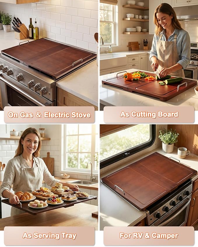 UTCG Noodle Board Stove Cover: 29.5×22 inch Bamboo Foldable Multiple Stove Top Cover with Handles for Gas & Electric Stoves - As Kitchen Sink Cover ＆ Decorative Tray for Prep Space