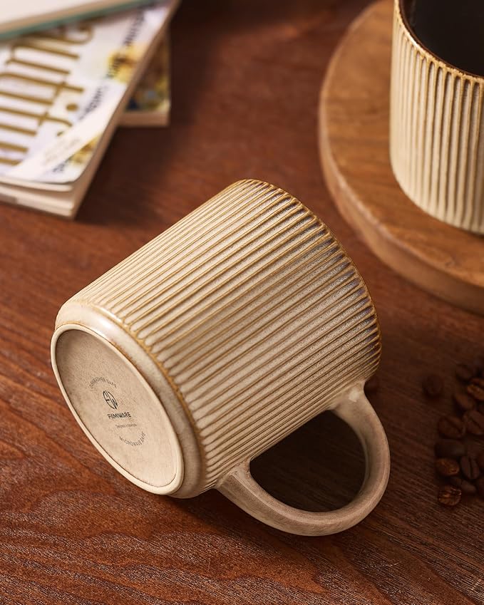 famiware Coffee Mug Set for 4, Star 12 oz Catering Mugs Cup Set with Handle for Coffee, Tea, Cocoa, Milk - Ceramic Stoneware Drinkware Set, Cream Cocoa