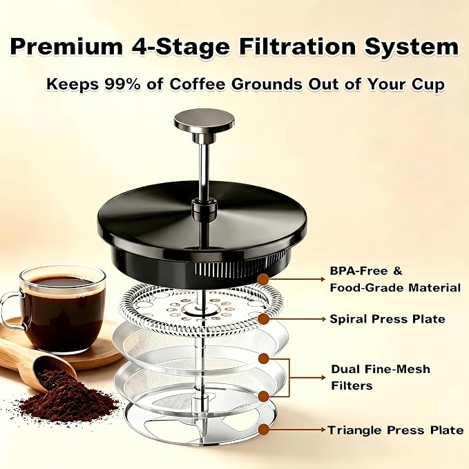 QUQIYSO French Press Coffee Maker, Large Coffee Press with Thick Borosilicate Glass, 304 Stainless Steel Filter, Finish Tea & Cold Brew Coffee Maker for Home, Office, Party, 51oz, Dark Pewter